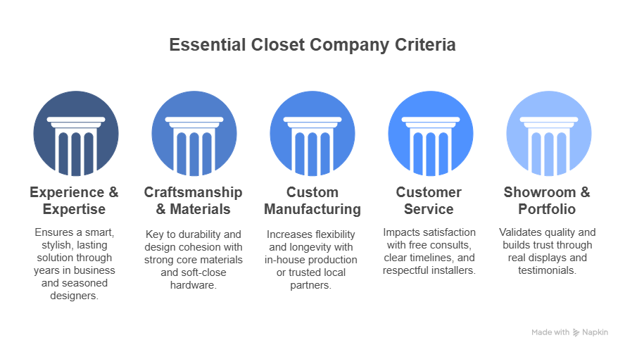 Illustration showing the five pillars of the decision-making process for choosing the right closet company