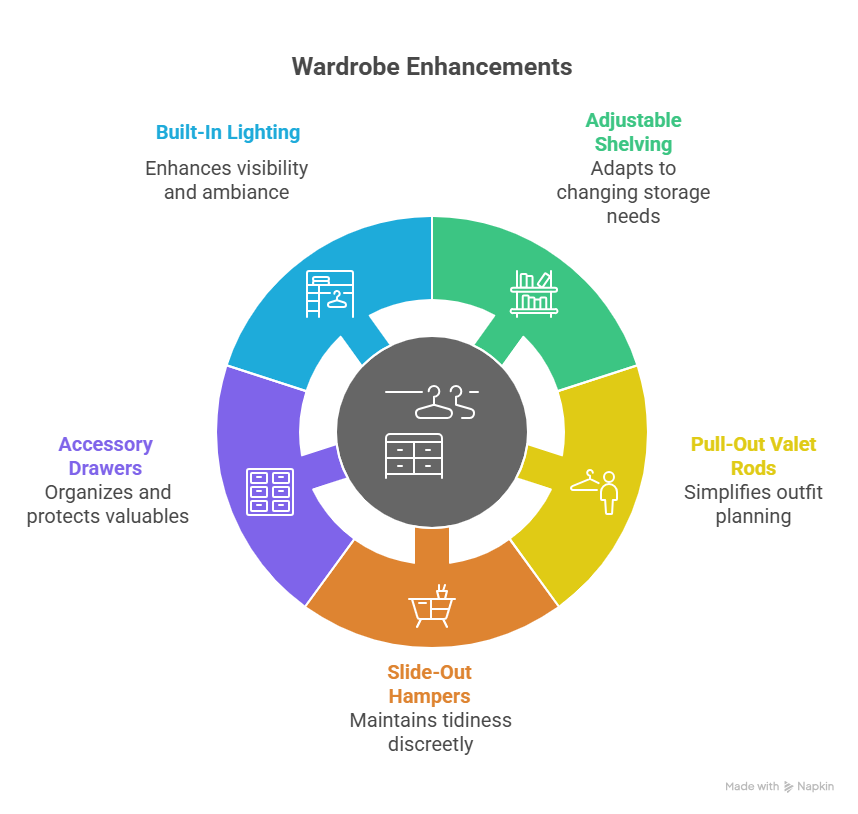 This is a visually appealing infographic titled "Wardrobe Enhancements" with the subtitle "Functional Features That You Didn’t Know You Needed." The image uses a dark background to highlight a central circular diagram.

The diagram consists of a dark gray central hub surrounded by five brightly colored segments, each detailing a specific wardrobe feature. The central hub contains white line icons representing basic closet elements: hangers on a rod and a chest of drawers.
