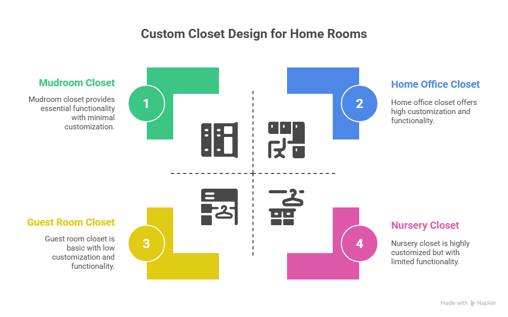 This is an infographic titled "Custom Closet Design for Home Rooms". The image is a 2x2 quadrant chart that categorizes different types of custom closets based on their levels of functionality and customization.

The chart is divided by a dashed cross, creating four sections, each with a number, a colored L-shaped border, a title, a description, and a gray icon.