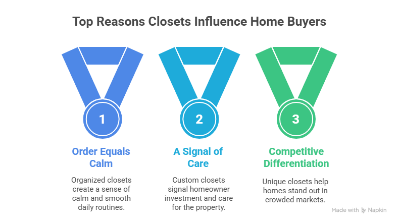 This is a dark-themed infographic titled "The Psychology of Closets: Why They Matter So Much to Buyers". It features three award-style medals arranged horizontally, numbered 1, 2, and 3, each highlighting a key psychological factor for home buyers regarding closets.