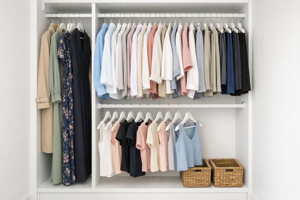 A small reach-in closet with two horizontal hanging rods stacked vertically, shirt blouses and pants on the upper rod, shorter tops on the lower rod, and a separate tall section at one side holding long dresses and a coat