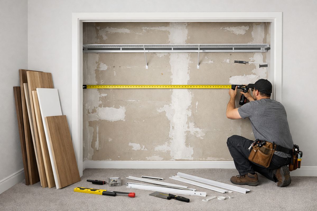 A bedroom closet interior mid-renovation with old wire shelving removed, patchy drywall showing behind it, measuring tape stretched across the opening, stacked laminate and plywood panels leaning nearby, and a contractor fitting a new rail system against uneven walls with tools and trim pieces on the floor