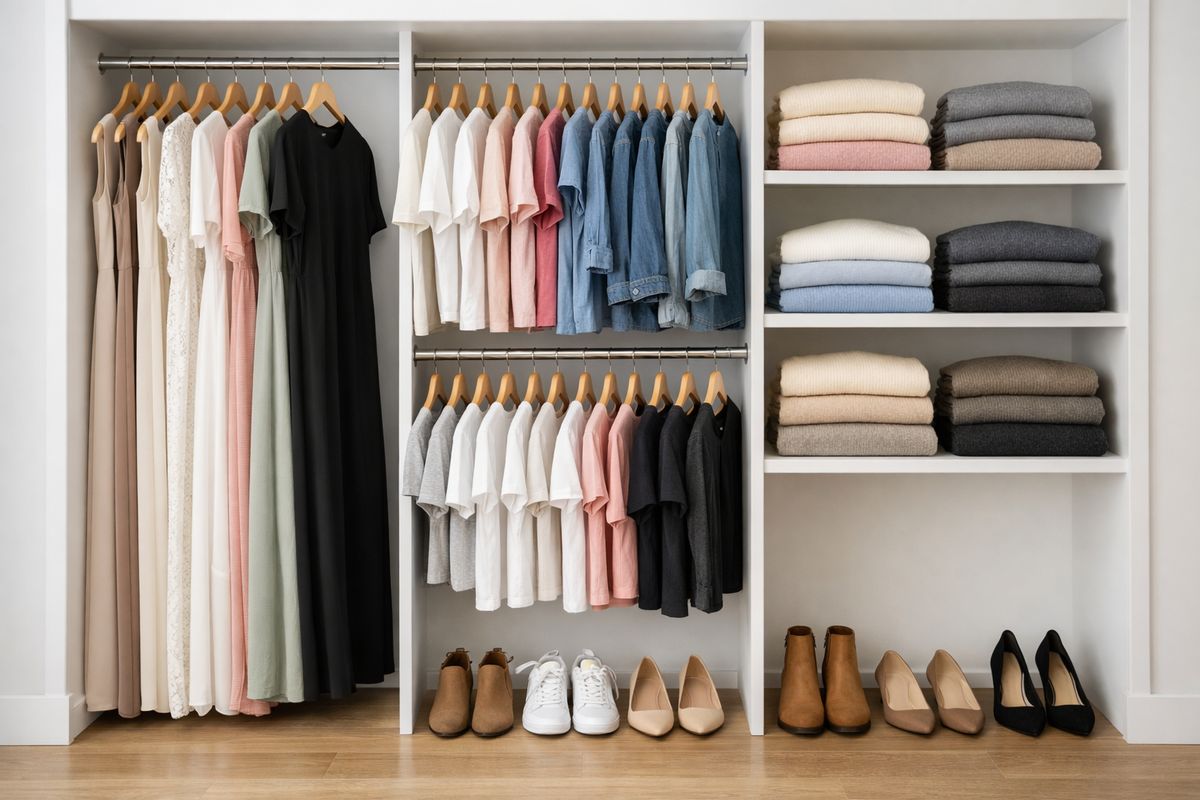 A tidy bedroom closet with one section for long dresses, another for short shirts on a double rod, shelves holding folded sweaters, and shoes arranged neatly on the floor instead of piled up