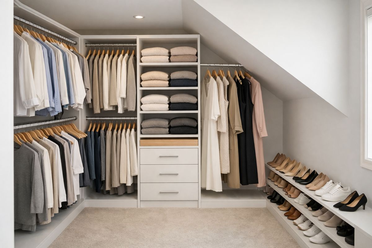 A neatly designed walk-in closet with a mix of double hanging rods, a long-hang section for dresses and coats, open shelves for folded sweaters, and a row of shoes arranged along the lower side wall, all fitted tightly around an awkward corner and sloped ceiling