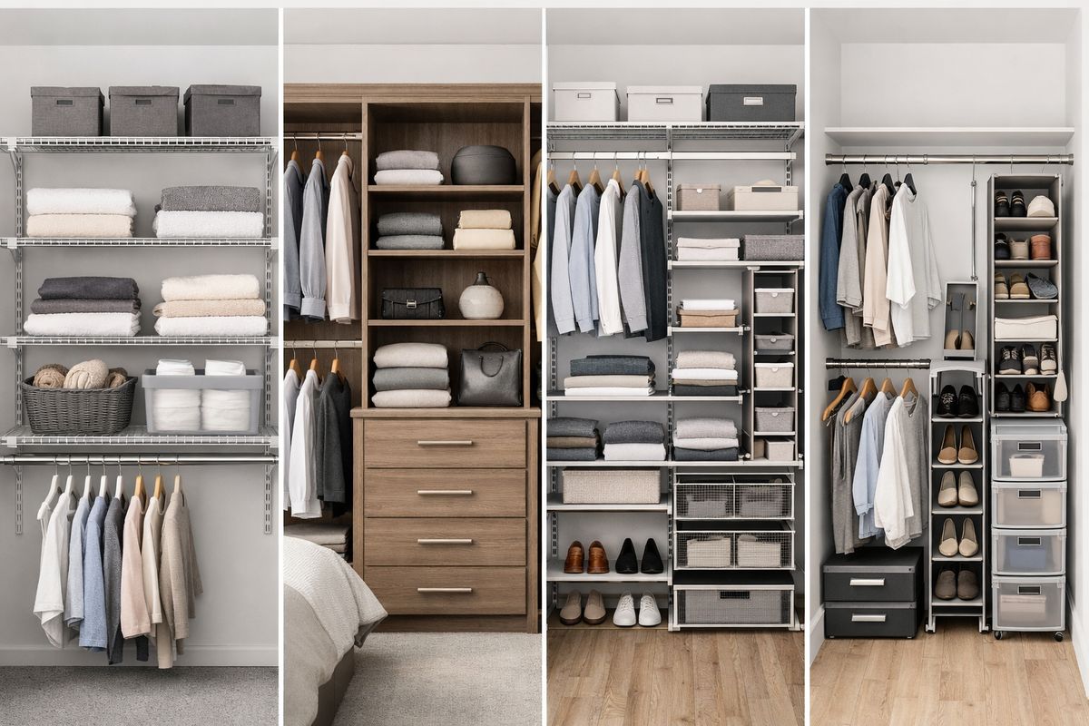 A split view of four closet setups: a simple wire shelving closet with folded towels and a few bins, a wood-look laminate closet with shelves and drawers in a bedroom, a modular closet with adjustable rods and movable shelves, and a narrow rental closet with freestanding organizers, shoe racks, and hanging add-ons