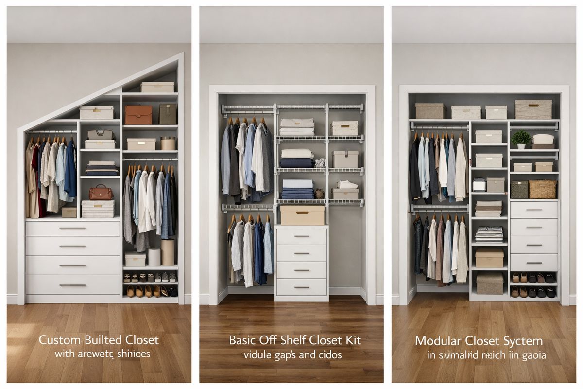 A side-by-side comparison of three closet interiors: one fully built-in closet with drawers, shelves, and hanging sections fitted tightly to an irregular wall; one basic off-the-shelf closet kit with visible gaps at the sides and top; and one modular closet system made of interchangeable shelves, hanging rods, and drawer units arranged neatly in a standard reach-in space.