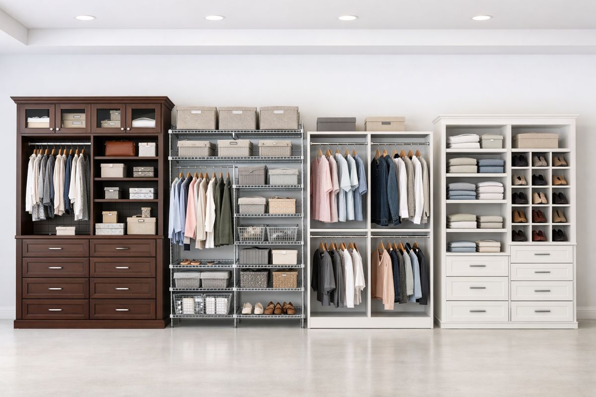 A clean side-by-side display of several closet system styles in a bright showroom: a polished custom walk-in with drawers and glass-front cabinets, a modular wire-and-shelf system with adjustable bins, a budget wardrobe kit with simple hanging rods, and a semi-custom closet unit with stacked shelves and shoe cubbies.