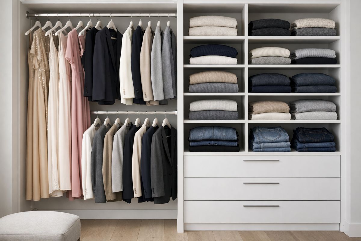 A shared walk-in closet with one side filled with long dresses and blazers on hanging rods and the other side packed with folded sweaters and jeans on shelves and drawers, showing two different wardrobe needs rather than a perfectly mirrored split