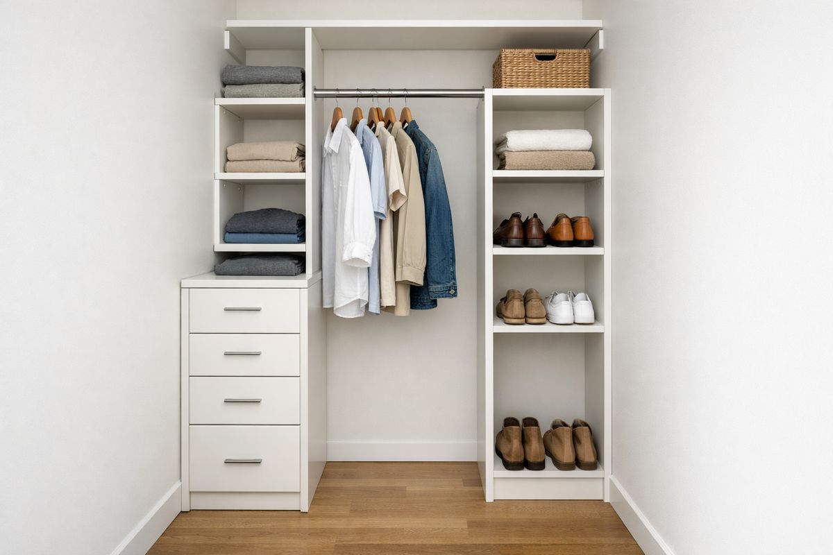 A narrow bedroom closet with a mix of off-the-shelf organizer pieces leaving visible gaps: a drawer tower stopped short of one wall, a hanging rod with empty space below it, shelves not reaching the ceiling, and a few shoes and folded clothes squeezed into the remaining areas.