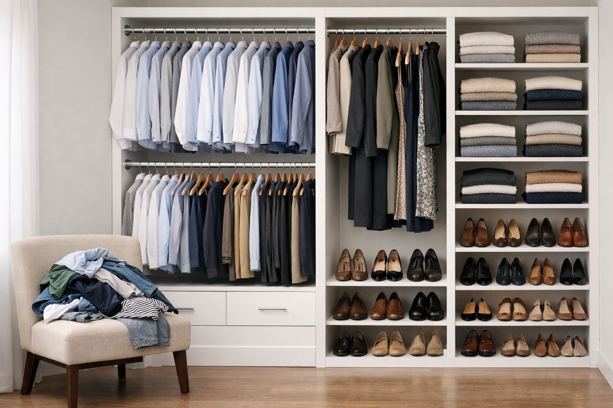 A neatly organized shared walk-in closet with two different storage zones side by side: one section has double hanging rods filled with shirts and pants, while the other section has taller hanging space, shelves stacked with folded sweaters, and rows of shoes on the floor below. A bedroom chair nearby is piled with clothes, showing the clutter the closet is meant to solve.