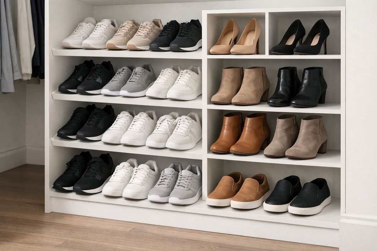 A closet shoe area with angled shelves and cubbies holding sneakers, heels, and ankle boots in neat pairs, with the most frequently worn shoes placed on the lowest shelves near the closet opening