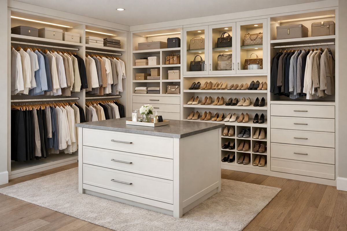A custom walk-in closet with multiple built-in sections: double hanging rods, stacked shelves, deep drawers, shoe cubbies, glass-front cabinets, and integrated LED strip lighting, shown in a clean finished bedroom suite with a central island and neatly arranged clothing, shoes, and accessories