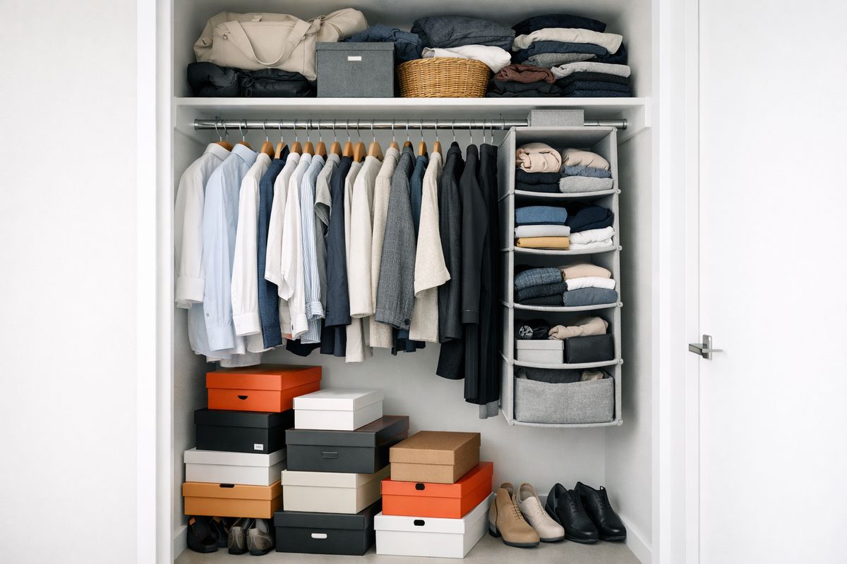 A cramped builder-style closet with a single hanging rod, an overfull top shelf, shoe boxes stacked awkwardly on the floor, and a hanging organizer crowding the clothes