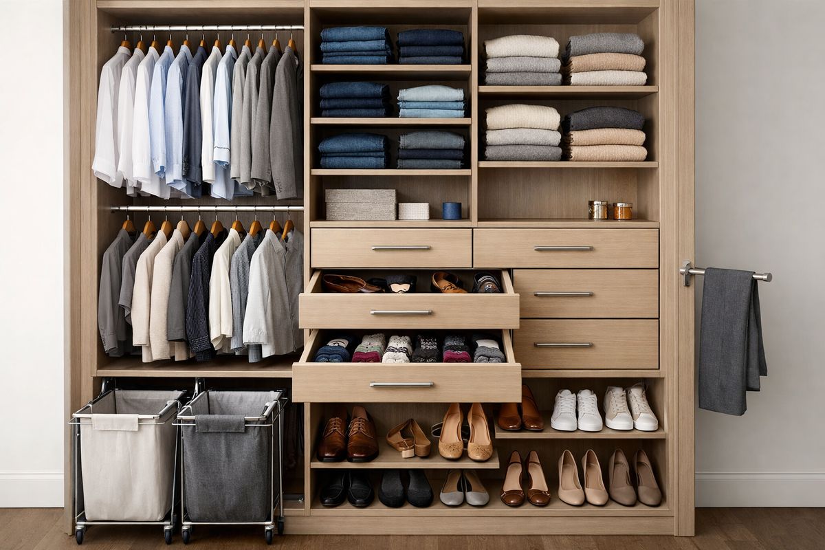 A custom closet wall showing stacked hanging sections, adjustable shelves with folded jeans and sweaters, several drawers partly open with socks and accessories inside, and a lower shoe area with angled shelves, pull-out hampers, and a small valet rod extending from the side panel