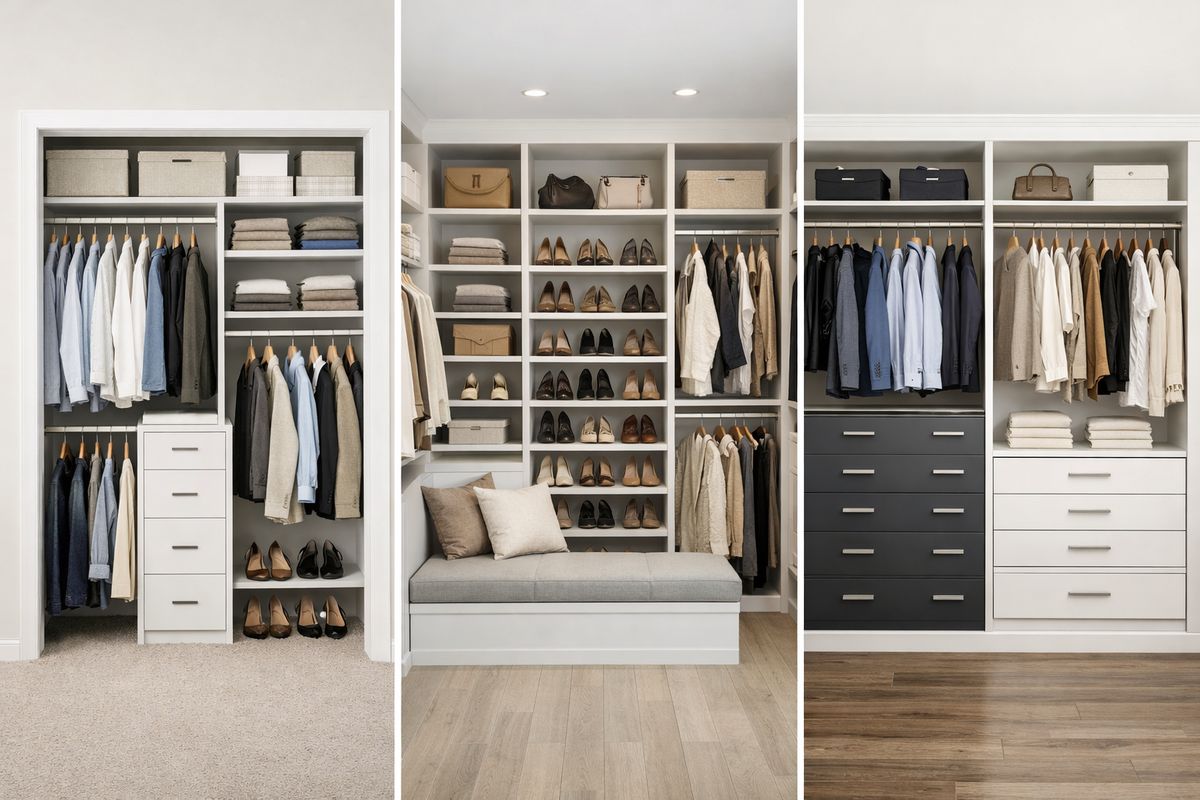 Three different closet interiors shown side by side: a compact reach-in closet with double hanging and a small drawer tower, a walk-in closet with zoned shelving, shoe storage, and a bench, and a shared closet divided into separate hanging and drawer zones for two people