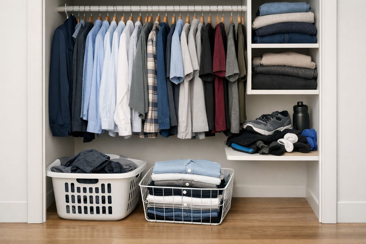 An open bedroom closet with a laundry basket on the floor, several clean shirts still folded in a second basket, a hanging rod packed with clothes, and a small pile of socks and workout items sitting beside an overstuffed shelf, showing a laundry routine that has stalled mid-put-away.