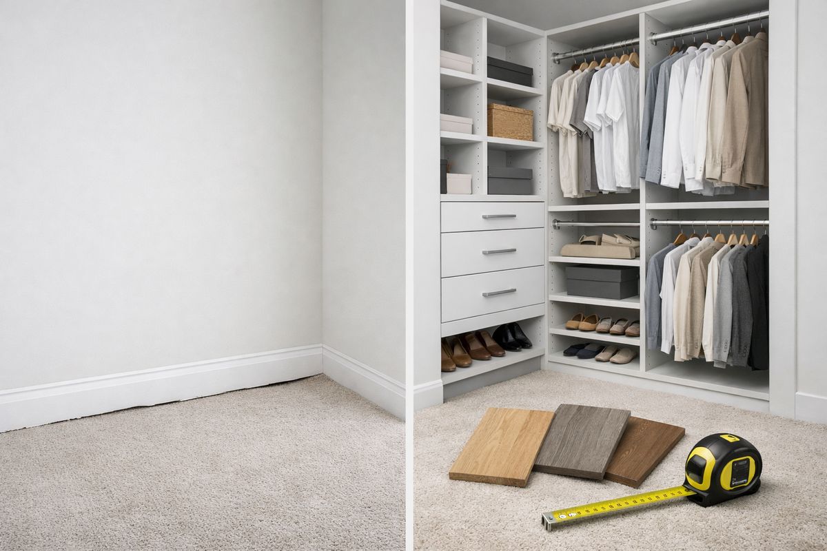 A bedroom closet being evaluated for installation details, with one side showing uneven baseboards and a slightly sloped floor, another side fitted with shelves, double hanging rods, drawers, and shoe storage, plus a tape measure and sample boards of wood-look finishes laid out nearby.