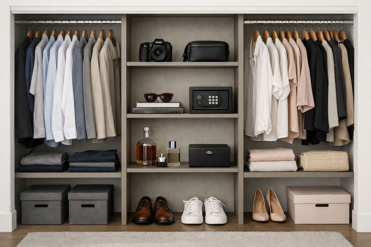 A reach-in closet divided into left and right zones, with separate hanging sections, shelf space, and floor storage on each side, plus one center shelf holding a few mixed items that looks like it should not be shared