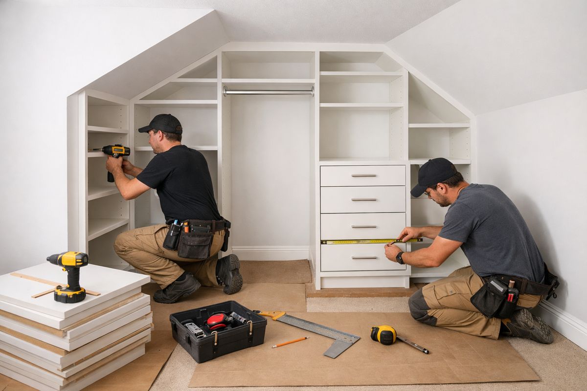 A finished custom closet installation in progress: carpenters fitting built-in shelving and drawer units into a closet with angled corners and a low ceiling line, with tools, measuring tape, stacked panels, and partially installed shelves arranged neatly inside the room.