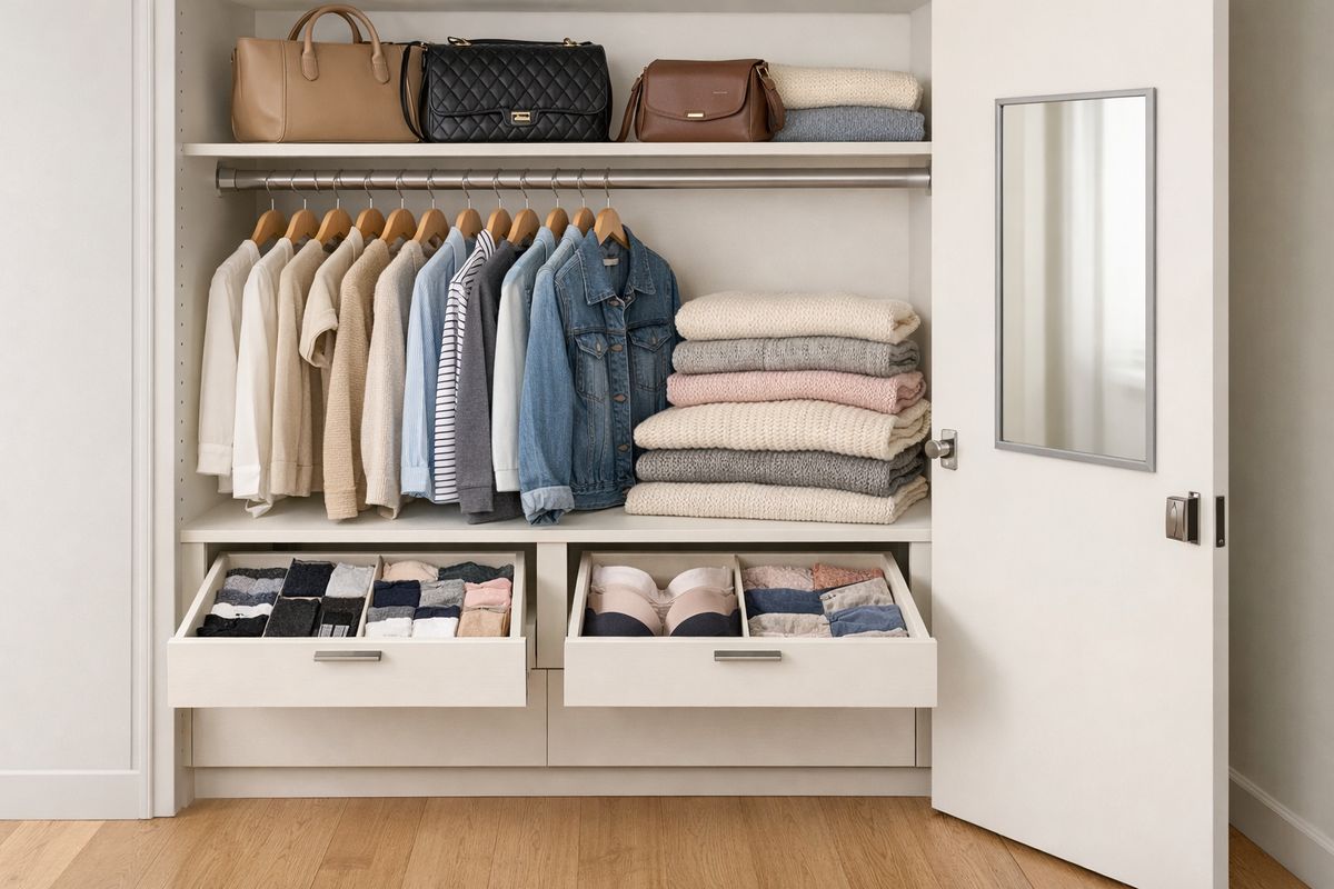 An organized closet interior with everyday clothes placed at eye level, a pair of open drawers holding socks and undergarments, a shelf with folded sweaters, and a few handbags on a higher shelf. In the foreground, the floor is clear and there is a small mirror mounted inside the closet door, suggesting an easy getting-dressed routine.
