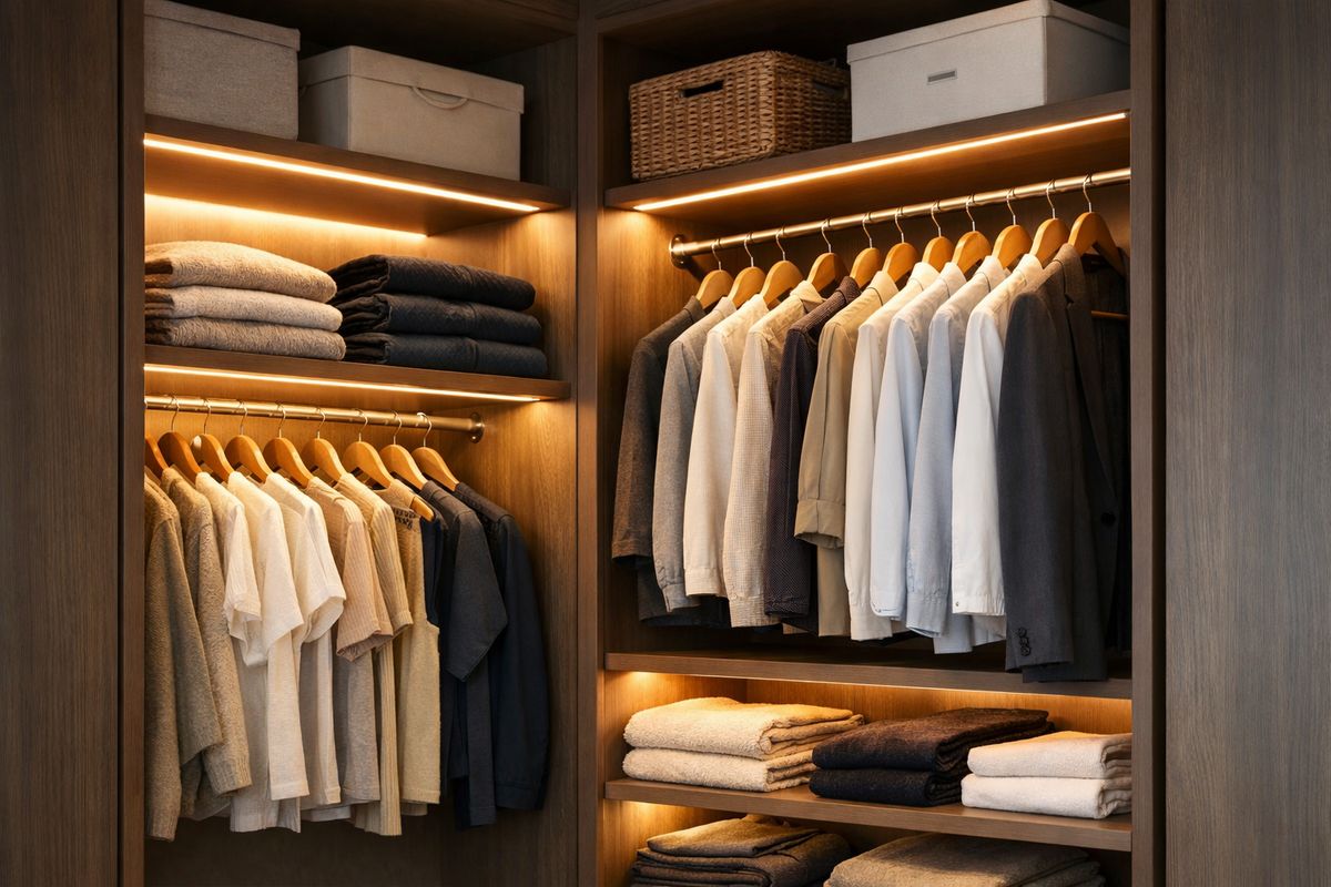 A dim closet being transformed by warm LED strip lights installed under shelves, illuminating folded clothes, hanging garments, and upper storage corners that were previously in shadow