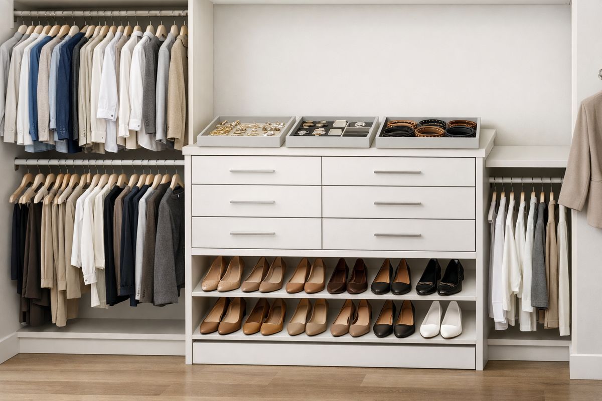 An organized walk-in closet showing separate zones: double hanging rods on one side, stacked drawers in the center, angled shoe shelves below, and shallow trays holding jewelry and belts