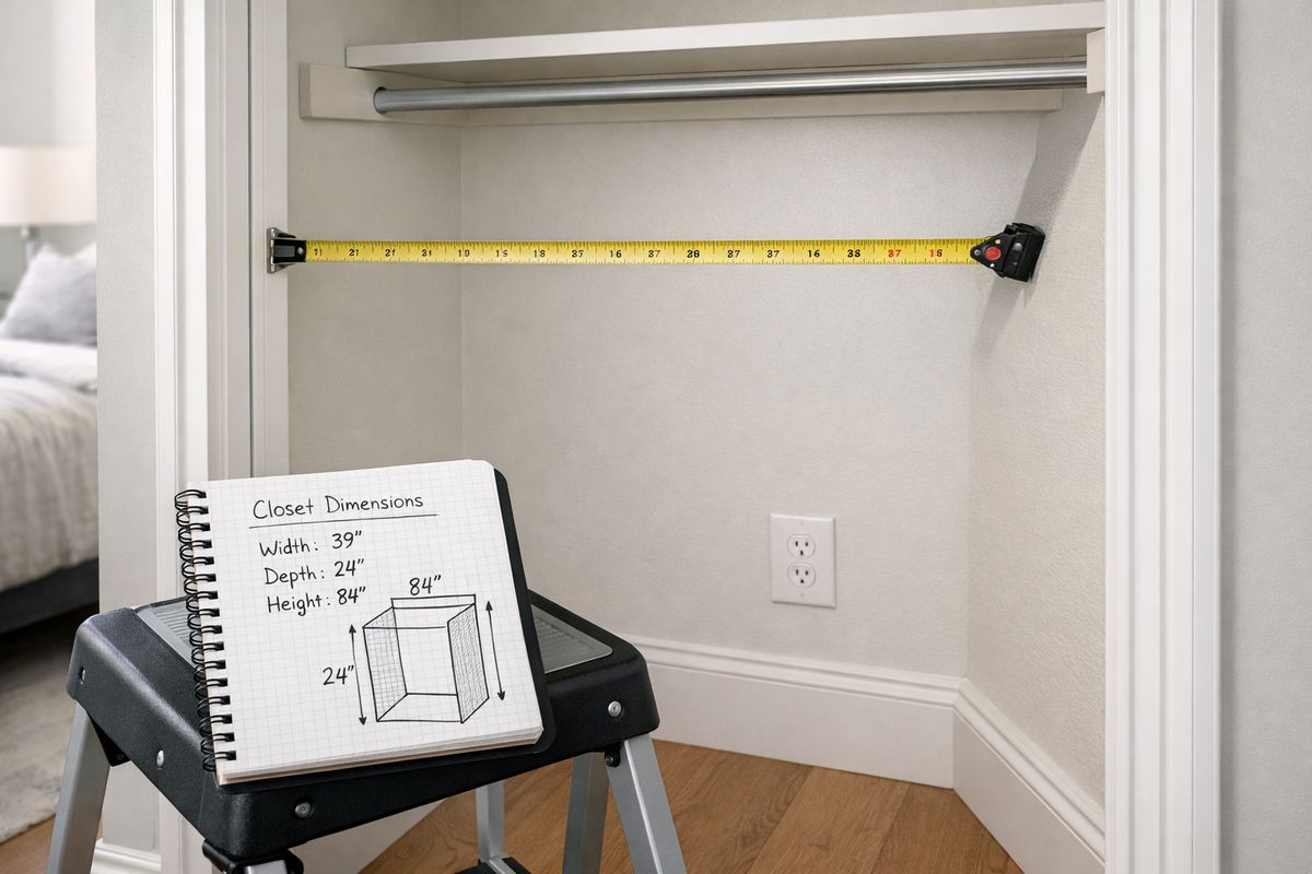 A measuring tape stretched across the inside of a bedroom closet while a notebook with rough closet dimensions sits on a nearby step stool, with the closet interior visible showing trim, an outlet, and an uneven corner being measured for a planned storage layout