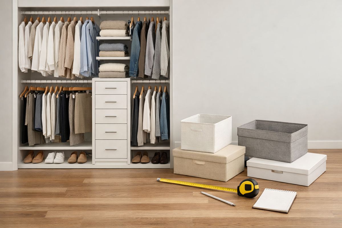 A neatly organized bedroom closet with double hanging rods, a slim drawer unit, shelves holding folded sweaters and baskets, and shoes arranged on low shelving, with a tape measure and a few storage pieces laid out nearby as if someone is planning an upgrade