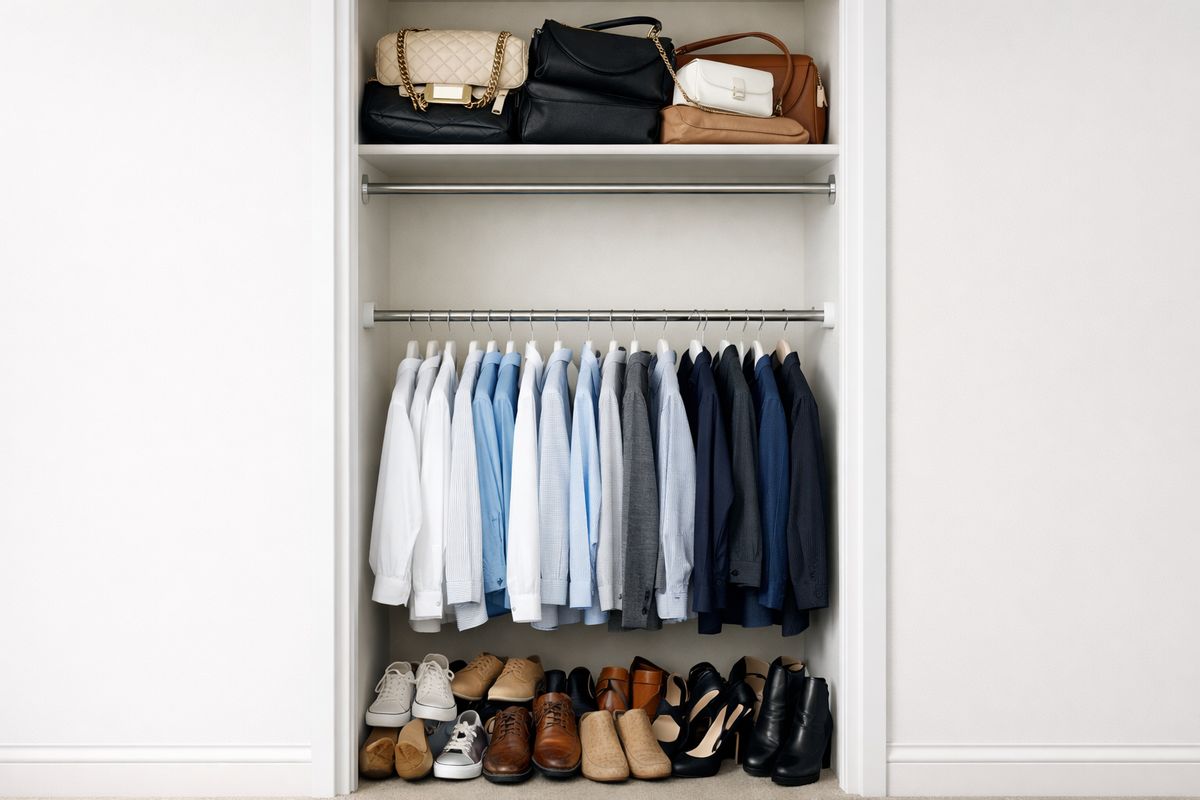 A tall reach-in closet with one rod and one shelf leaving a large empty gap above hanging shirts, while shoes are crowded on the floor and handbags are stacked awkwardly on the top shelf, illustrating unused vertical space.
