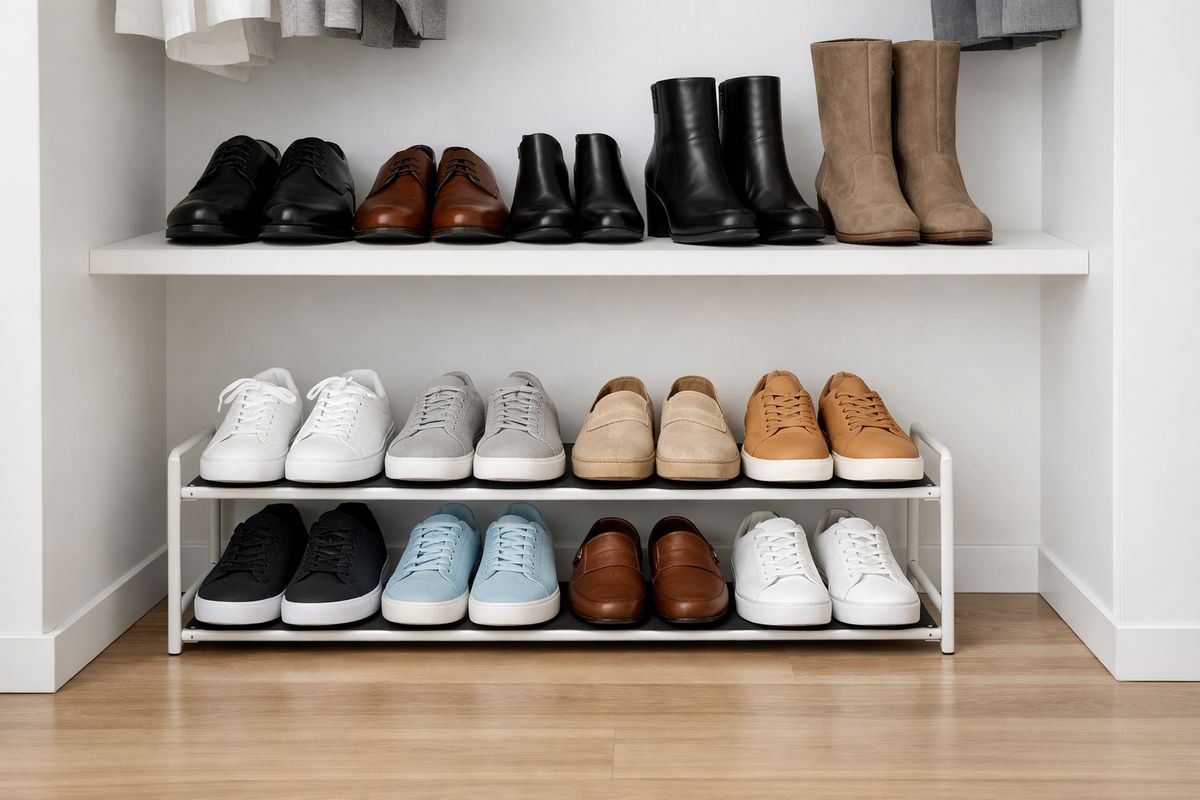The bottom of a closet organized with a low shoe rack holding neatly paired everyday shoes in front, while occasional boots and formal shoes are stored higher up on a shelf and the floor remains clear