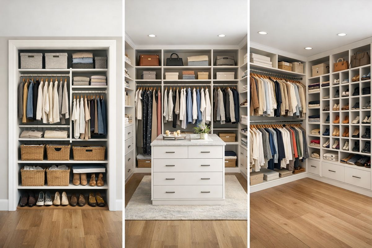 A cutaway-style view of three different closet layouts side by side: a compact reach-in closet with stacked rods and bins, a walk-in closet with hanging sections and a center island of drawers, and an L-shaped closet with one long hanging wall and one wall of shelves and shoe cubbies. The spaces show different storage mixes without using a symmetrical split.