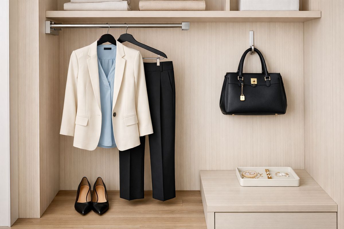A closet interior with a pull-out valet rod holding a neatly planned outfit, shoes placed directly below it, a handbag on a nearby hook, and a small tray with jewelry arranged beside the clothing