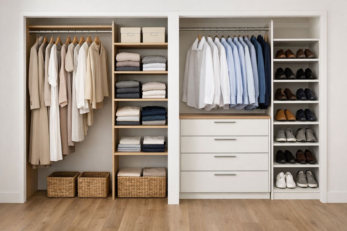 A shared closet split into two distinct sides, one with more long hanging space and shelves for folded clothes, the other with drawers, hanging shirts, and separate shoe storage, all arranged to avoid overlap