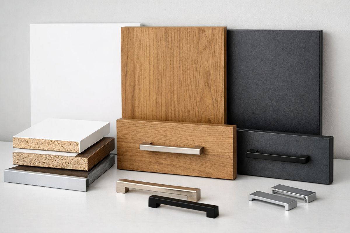 A close-up display of closet system panels and drawer fronts in different finishes, including bright white laminate, warm wood grain, and a matte textured surface, alongside metal drawer hardware, shelf edges, and sample boards showing engineered wood construction
