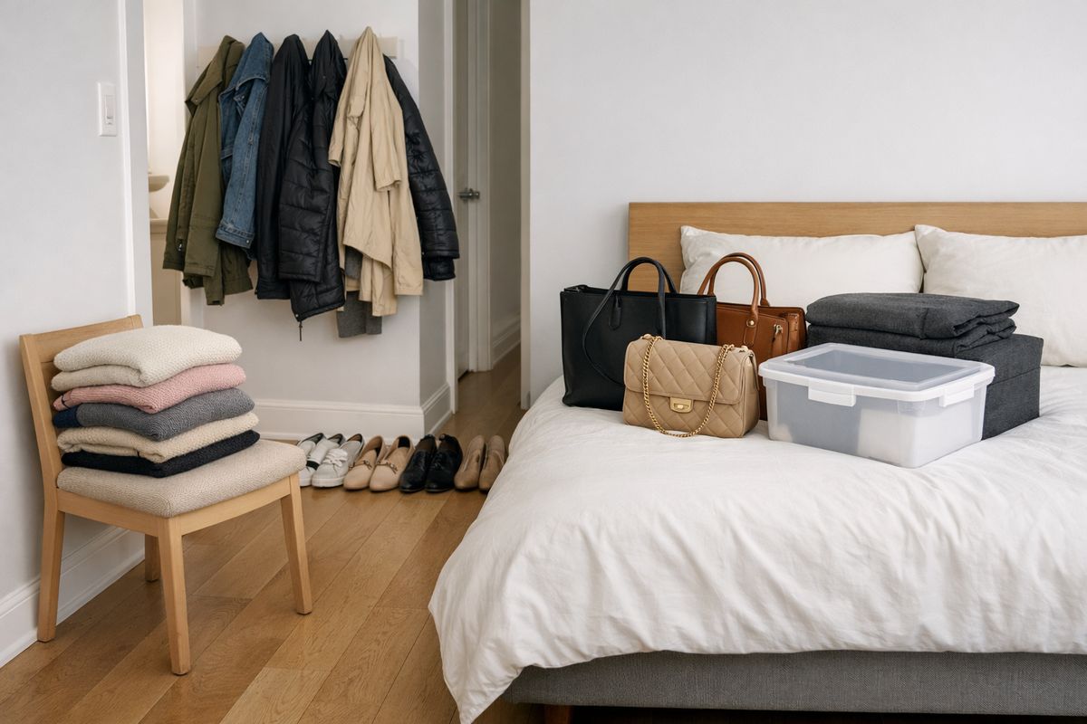 A bedroom corner with shoes lined up along the hallway, a chair covered in folded sweaters, a guest room bed holding handbags and storage bins, and a hallway hook overloaded with coats, showing closet overflow spreading into other rooms.