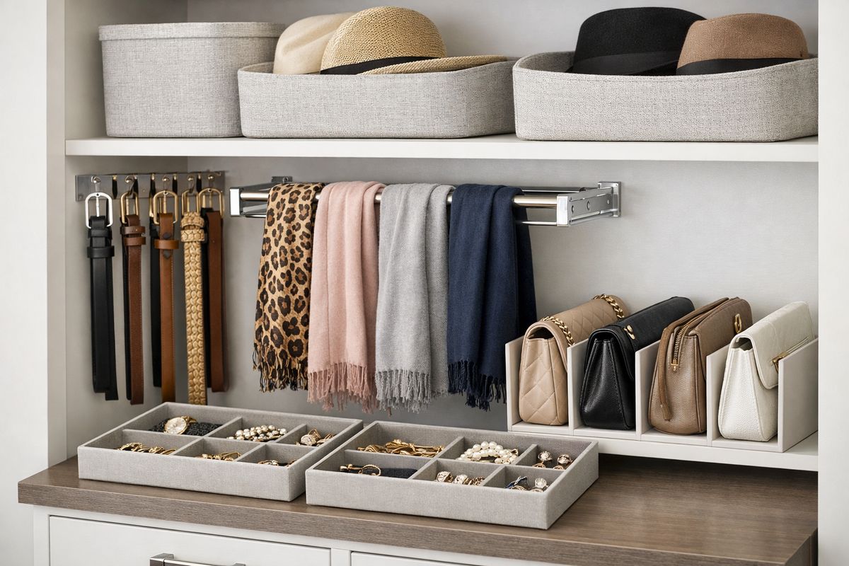 A close-up of closet storage focused on accessories: belts hanging from slim hooks, scarves folded over a pull-out rack, jewelry arranged in shallow trays, handbags standing upright on a shelf with dividers, and hats stored in structured bins on an upper shelf. The items are neatly separated and easy to reach.