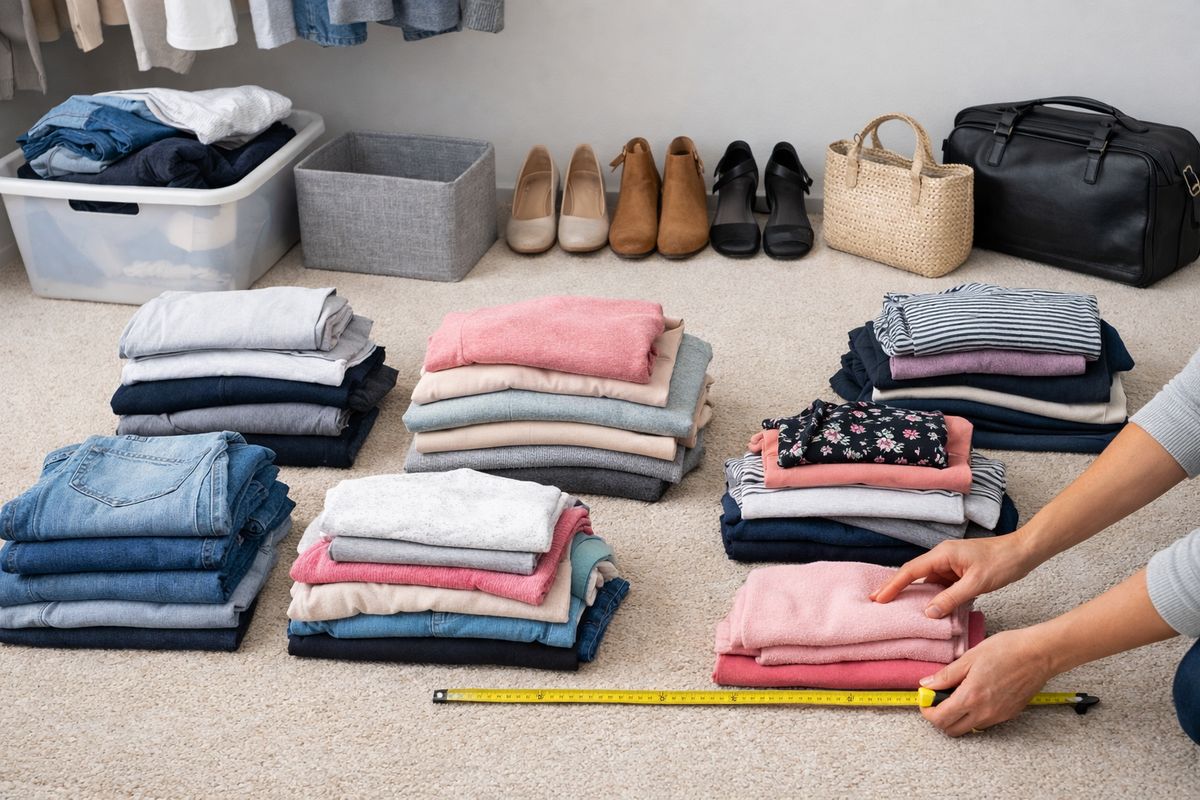 A bedroom closet floor spread with grouped clothing piles, several pairs of shoes lined up, a few bags and storage bins nearby, and a person’s hands sorting items into separate categories while measuring the space and setting aside overflow from the closet