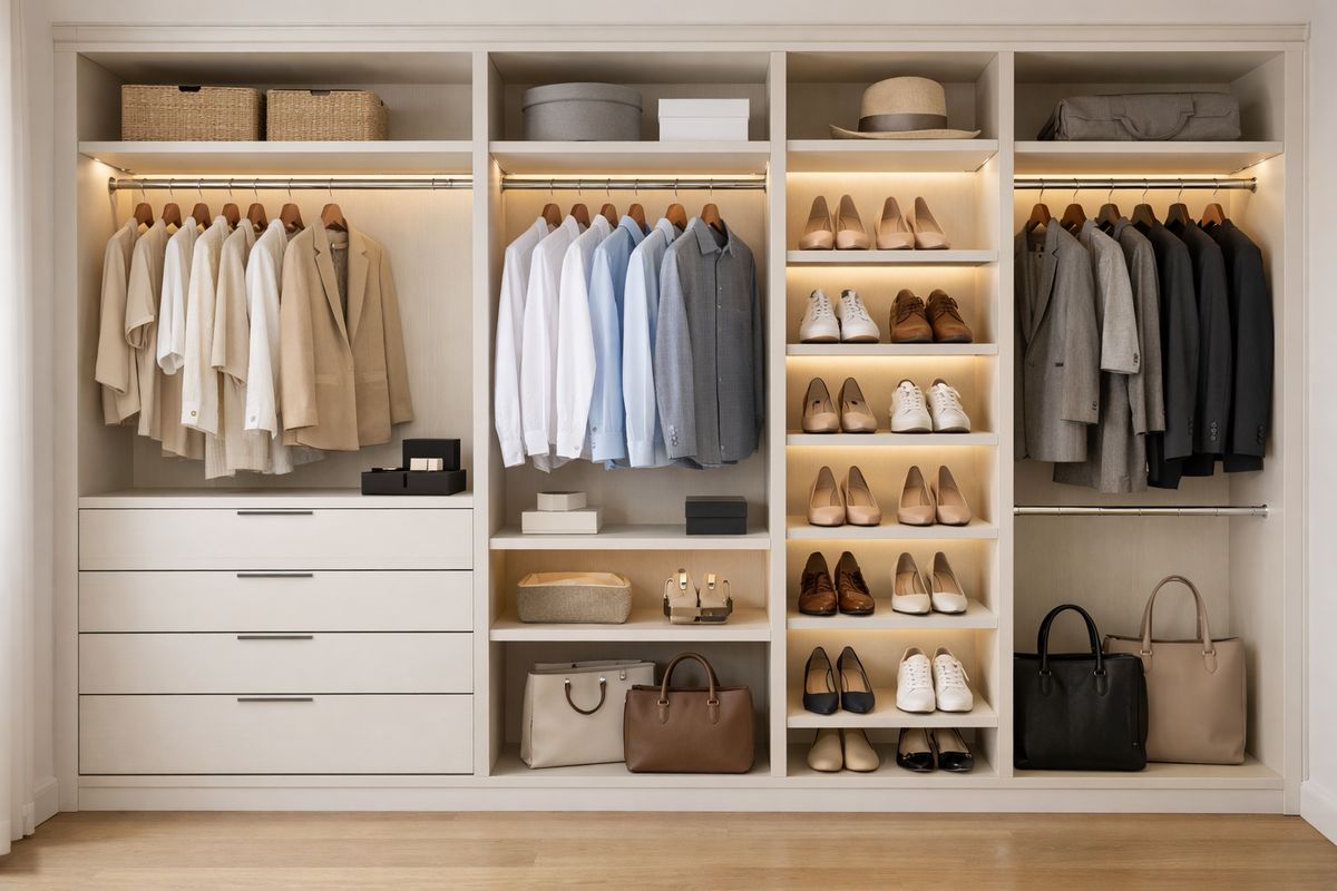 A calm, well-organized custom closet interior with evenly spaced hanging sections, drawers, shoe shelves, and soft integrated lighting, plus a clear floor and neatly arranged accessories, creating a tidy and airy storage space.