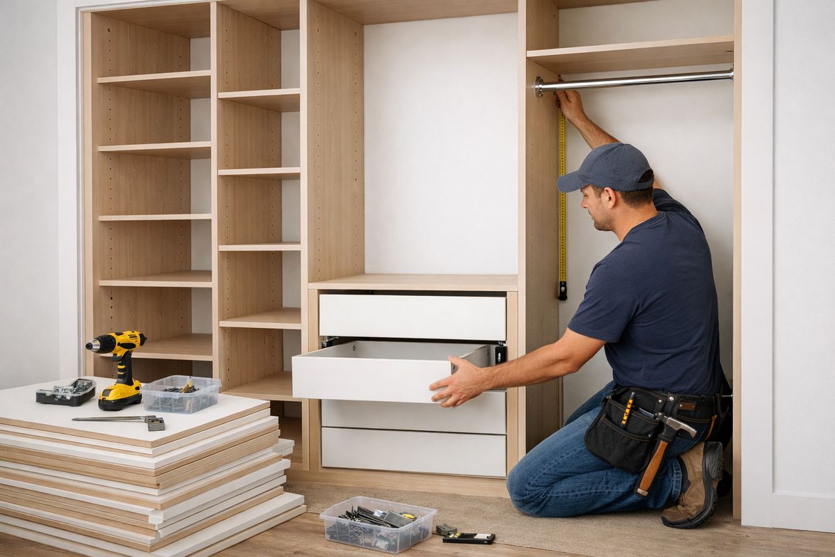 A closet installation scene with unfinished built-in shelving units being measured and adjusted inside an empty closet, with a carpenter setting drawer boxes and hanging rods into place beside stacked panels and hardware