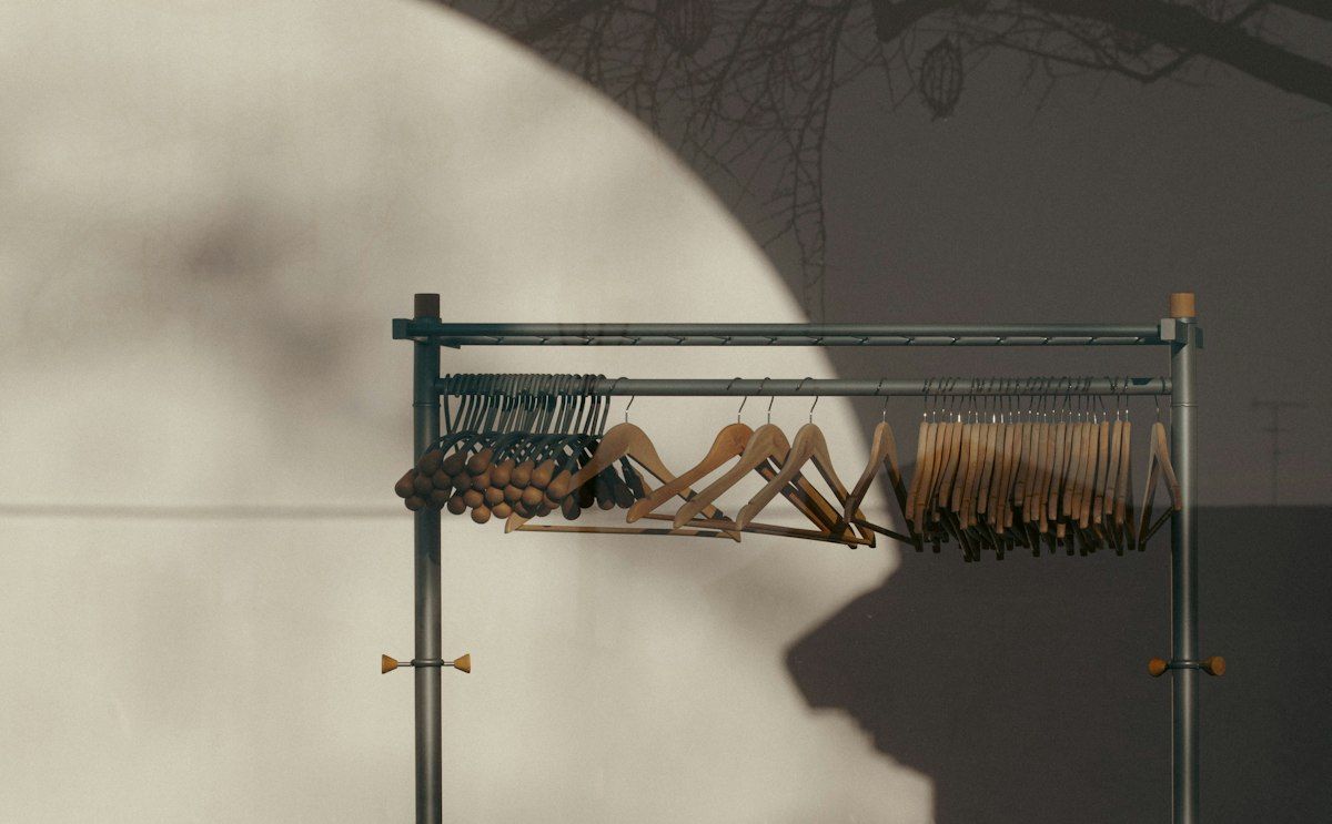 A reach-in closet with one section showing a double-hang setup: two slim metal rods stacked vertically, with shirts and blouses hanging neatly on the upper rod and pants and skirts on the lower rod, while a taller adjacent section holds long dresses and coats on a single high rod.